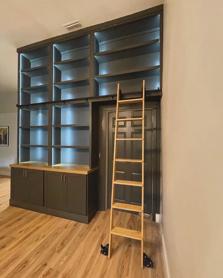 Floor-to-ceiling library wall with lit shelves and a rolling wood ladder